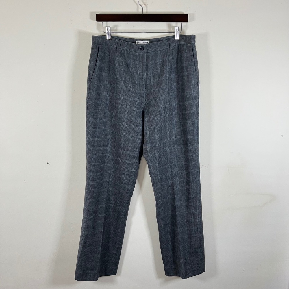 Pendleton Pure Wool Glen Plaid Pleated Front Trousers Gray Straight Leg Size 12